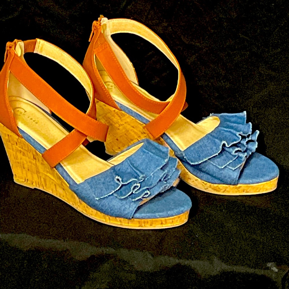 WW blue Jean with brown strap wedge heels